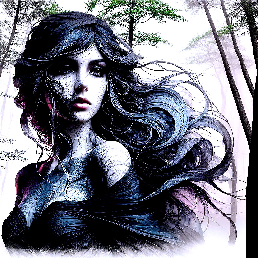 Illustration of woman with flowing dark hair in misty forest