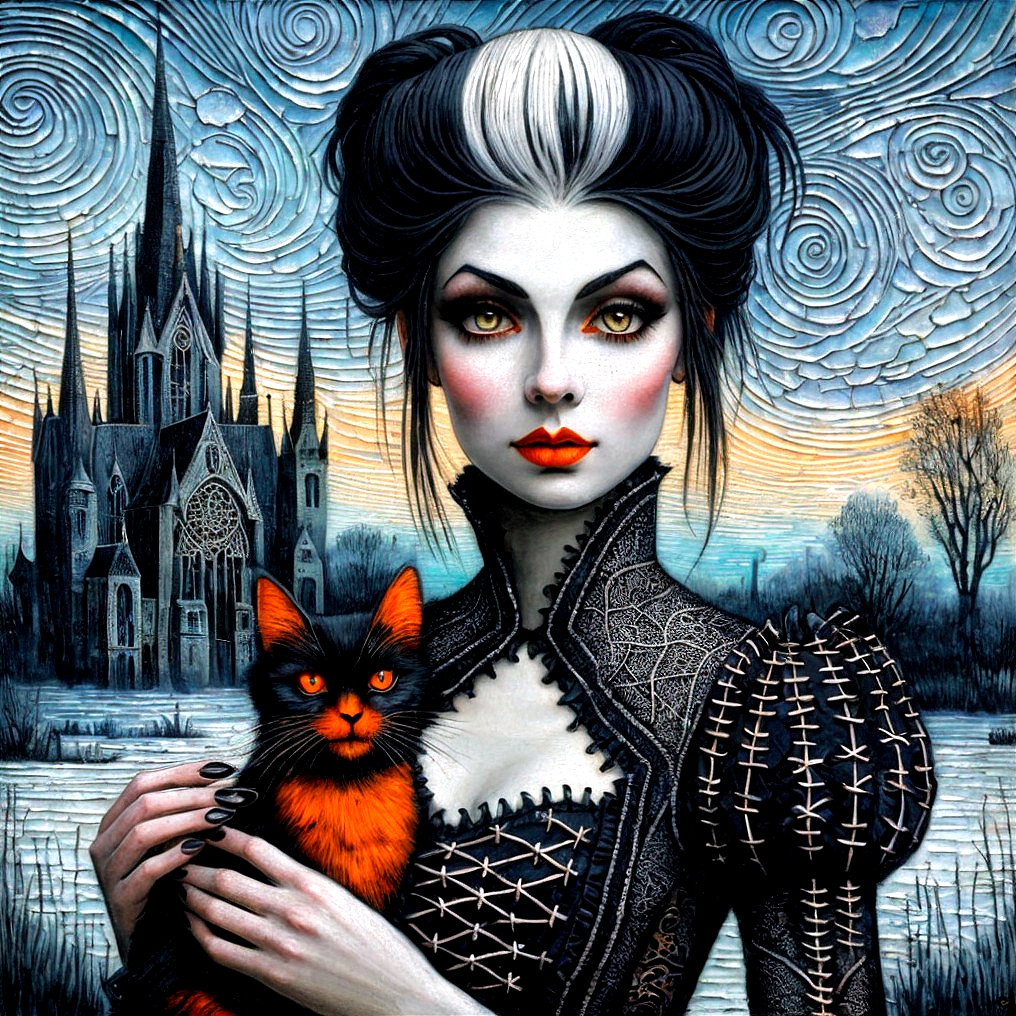 Gothic Woman with Cat in Front of Dark Castle