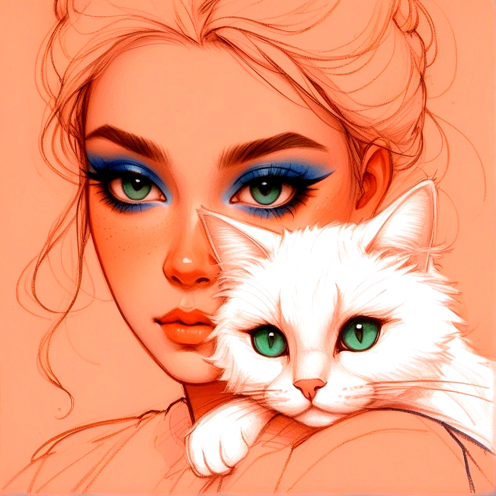 Young woman with blue eyeshadow and white cat