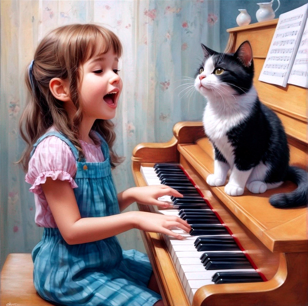 Young girl singing at piano with attentive cat nearby