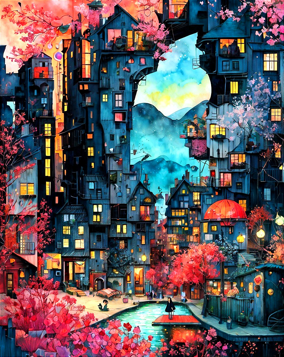 Whimsical multi-level cityscape with cherry blossoms and canal under starry sky