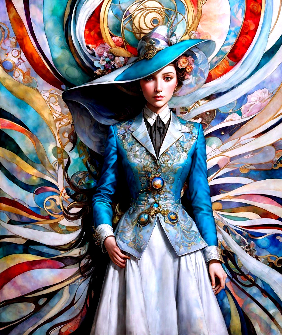 Detailed Victorian Outfit with Large Brimmed Hat in Swirling Abstract Patterns