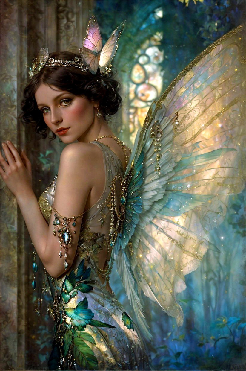 Fantasy Woman with Butterfly Wings in Mystical Forest