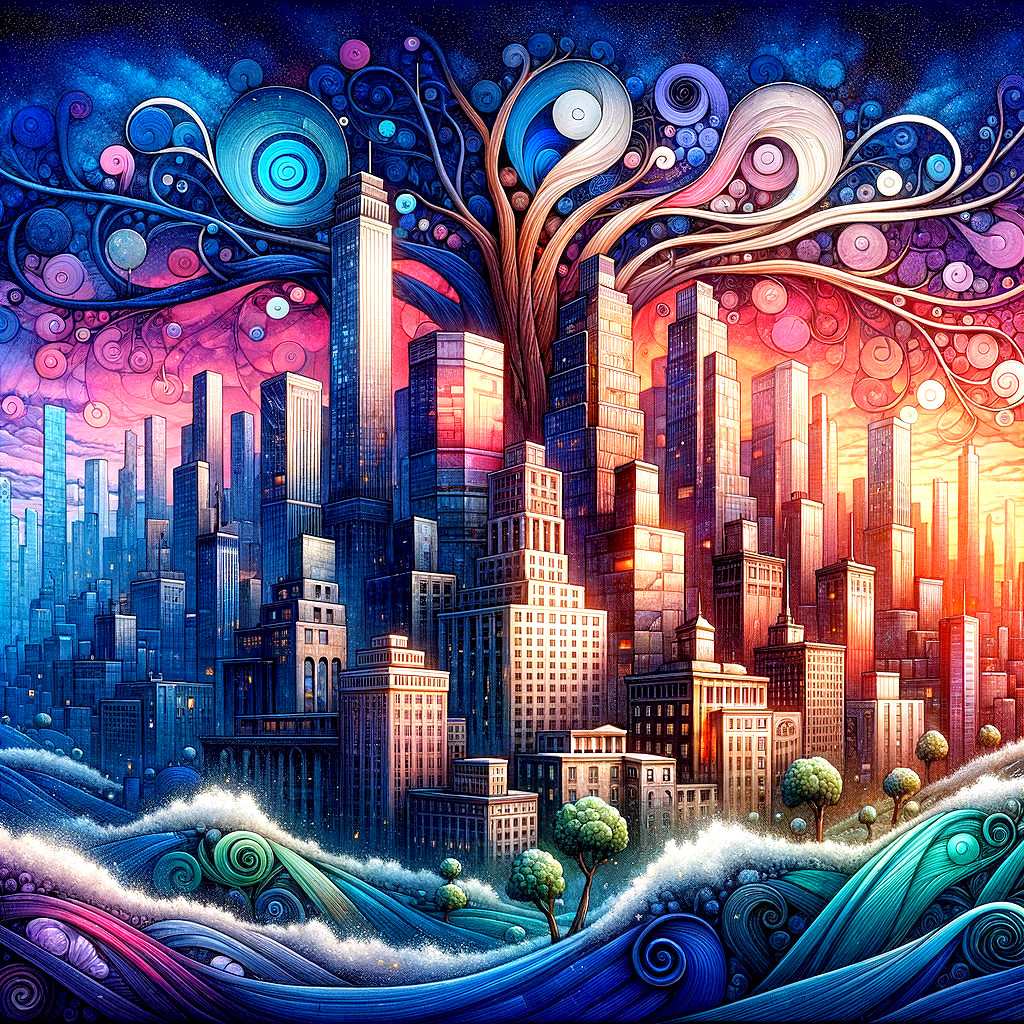 Surreal Cityscape with Skyscrapers and Colorful Tree