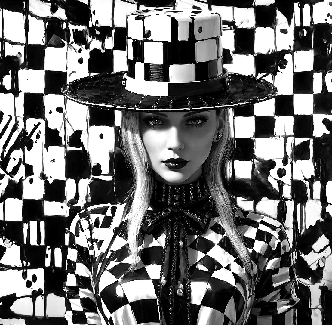 Monochrome image of person in checkered outfit against abstract backdrop