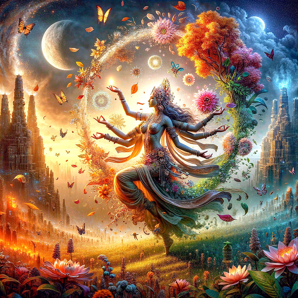 Celestial woman dancing in vibrant, otherworldly landscape