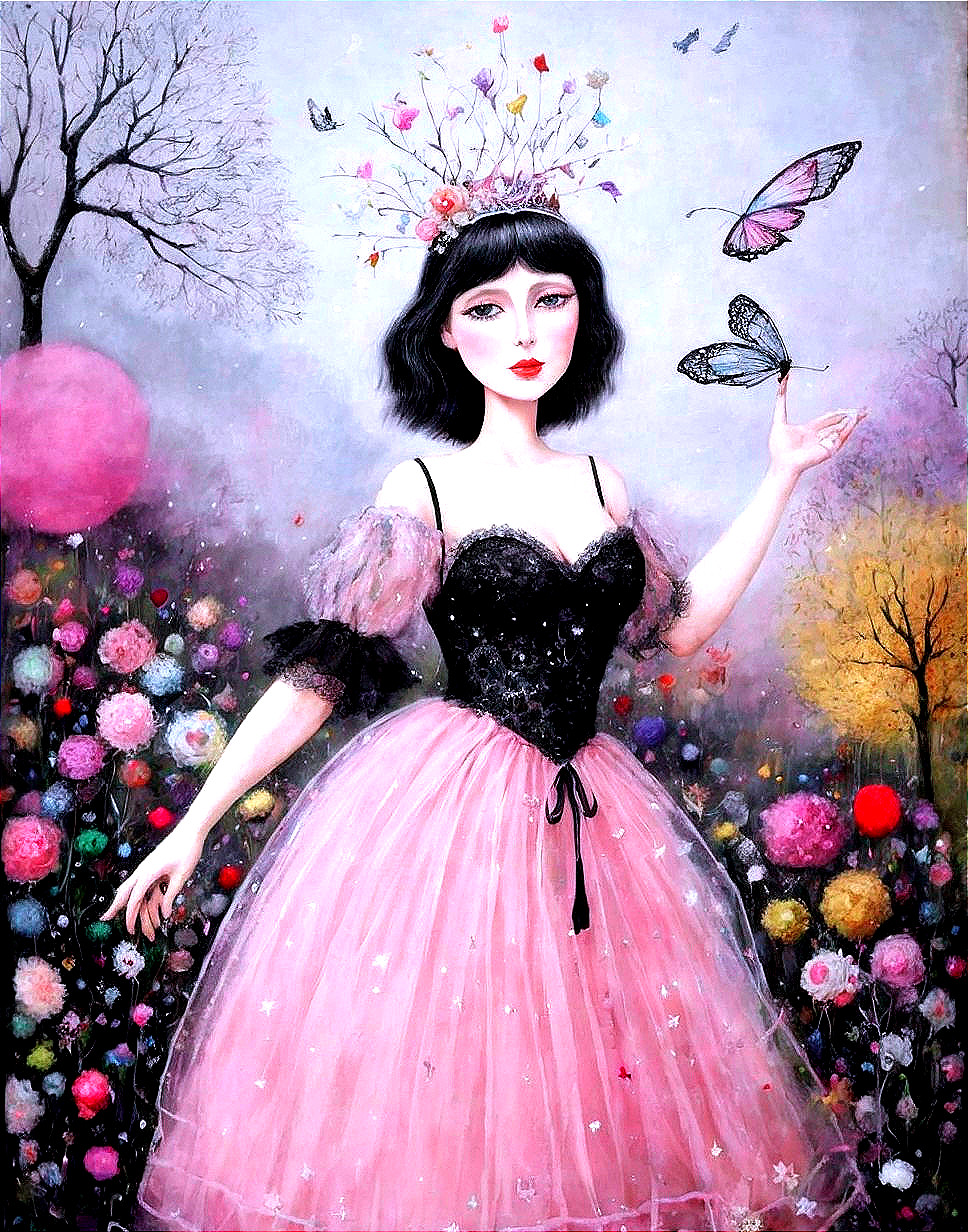 Colorful painting of woman in pink gown with butterflies in garden