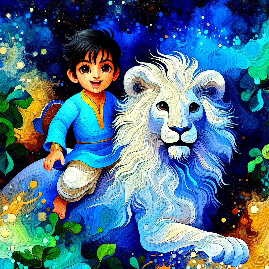 Young Boy in Blue Tunic Rides Majestic White Lion