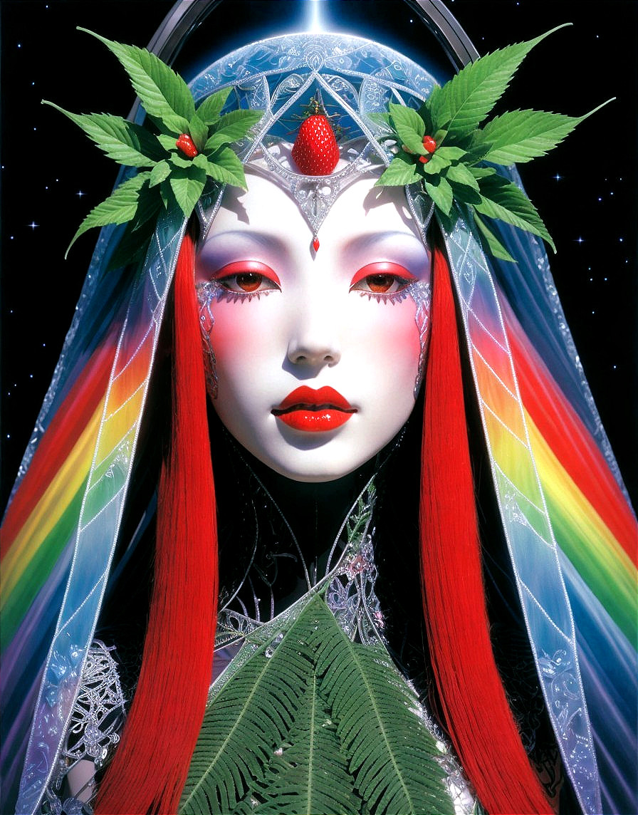 Colorful Portrait of Woman with Red Hair and Headdress