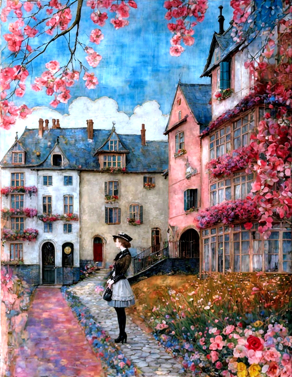 Historical attire figure in vibrant village painting