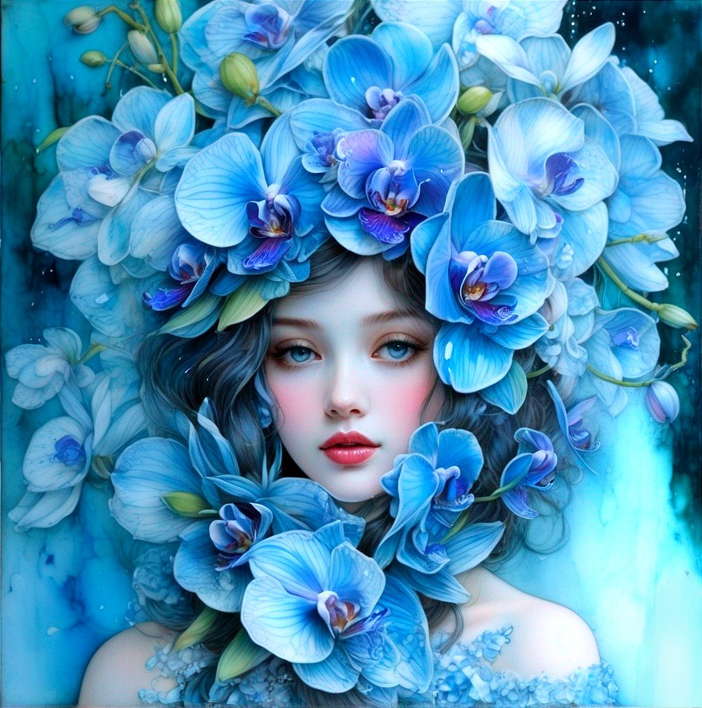 Young woman with blue orchid headdress in pastel hues