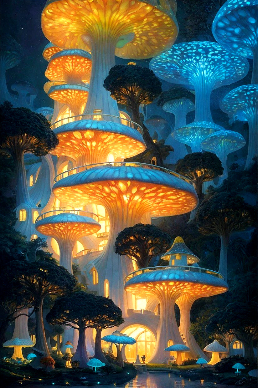Luminescent Mushroom Landscape with Whimsical Structures