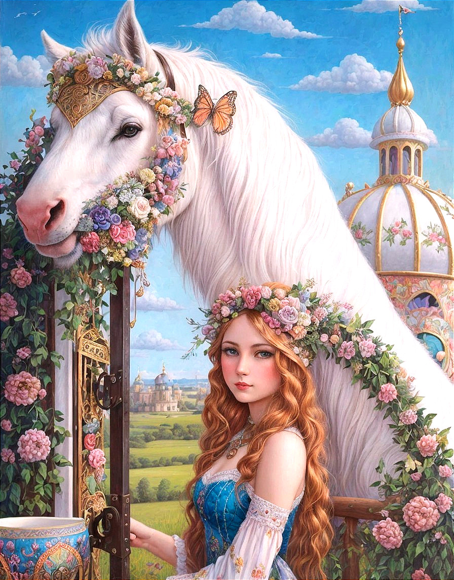Fantasy illustration of woman, unicorn, and ornate building.