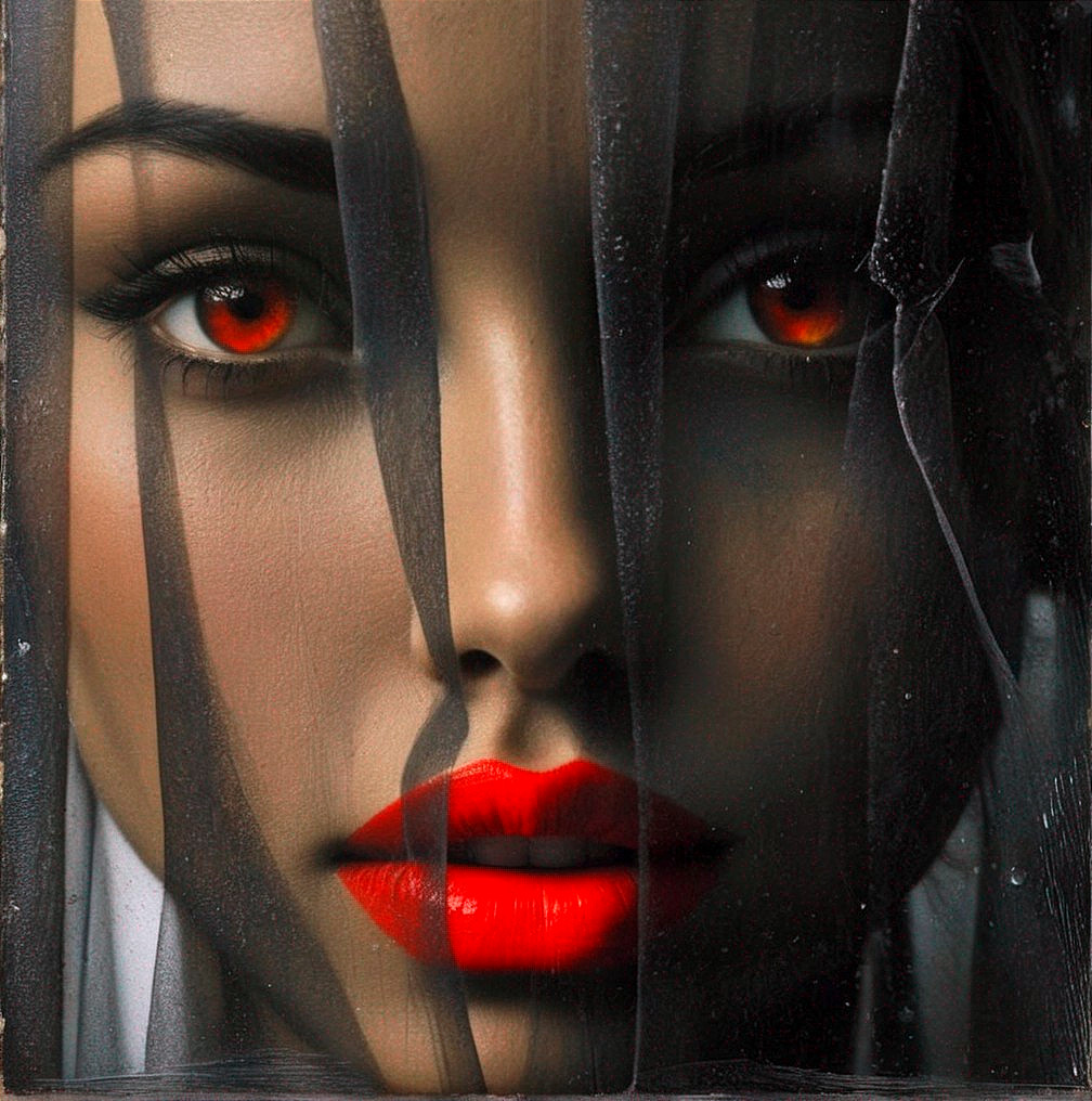 Portrait of a woman with red eyes and bold lips