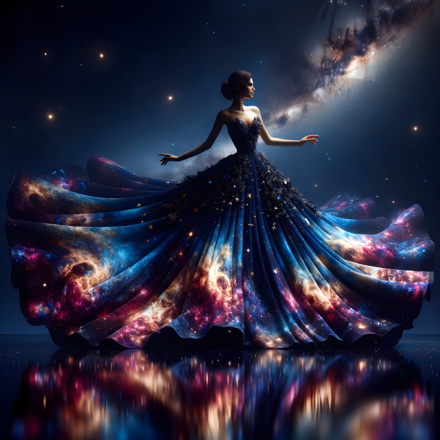 Woman in galaxy-print dress poses under starry night sky and mirrored water.