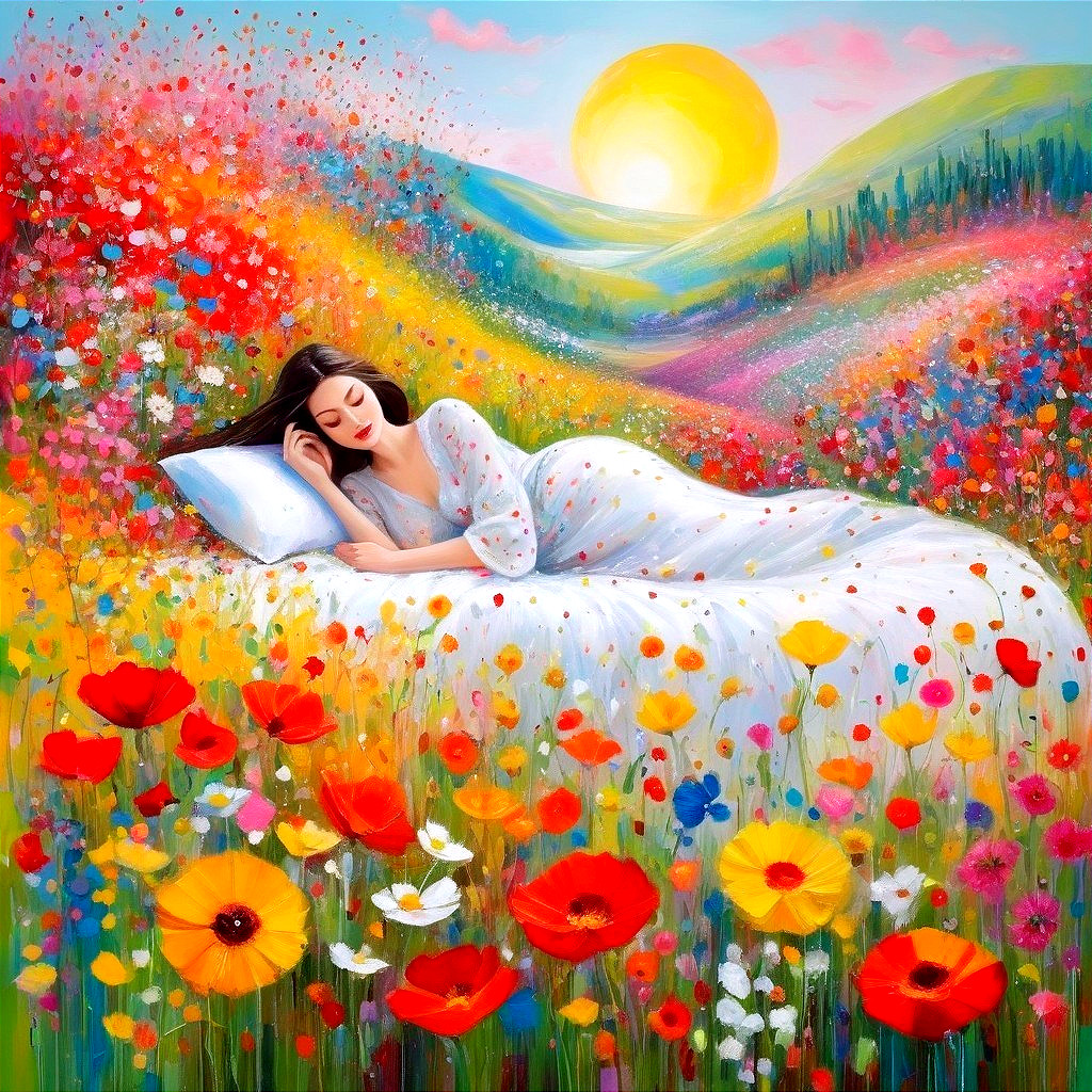 Woman Sleeping on White Bed in Flower Field