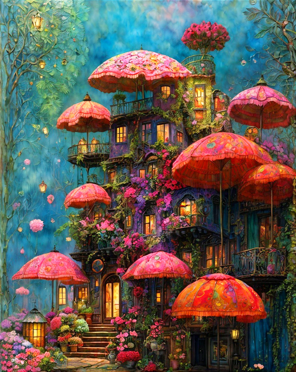 Whimsical Multi-Story House with Vibrant Flowers