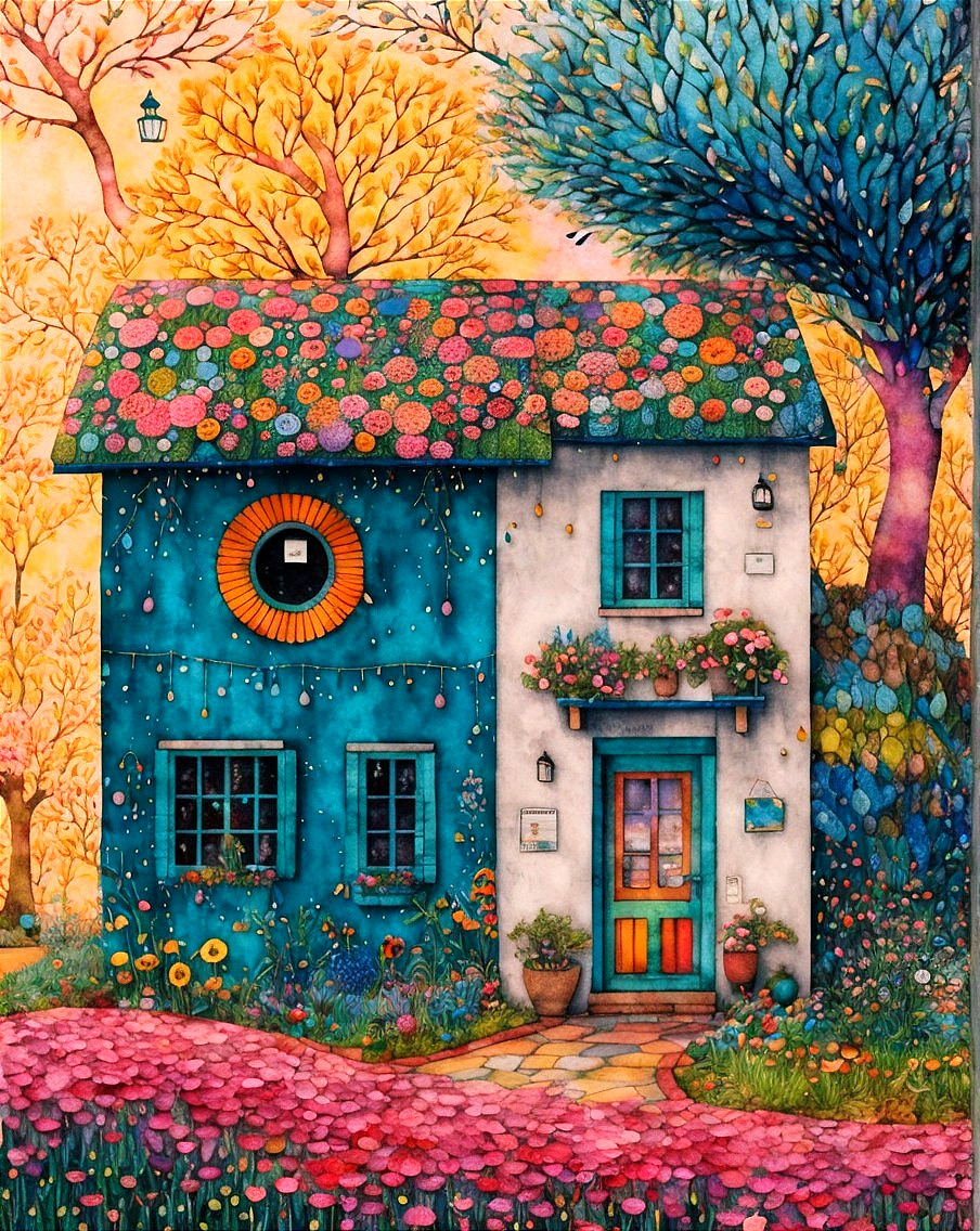 Colorful House with Floral Roof and Whimsical Trees