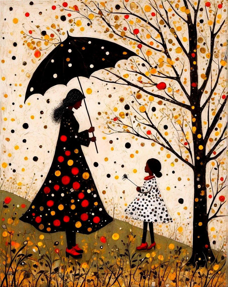 Whimsical Scene of Women in Dotted Dresses Under Tree