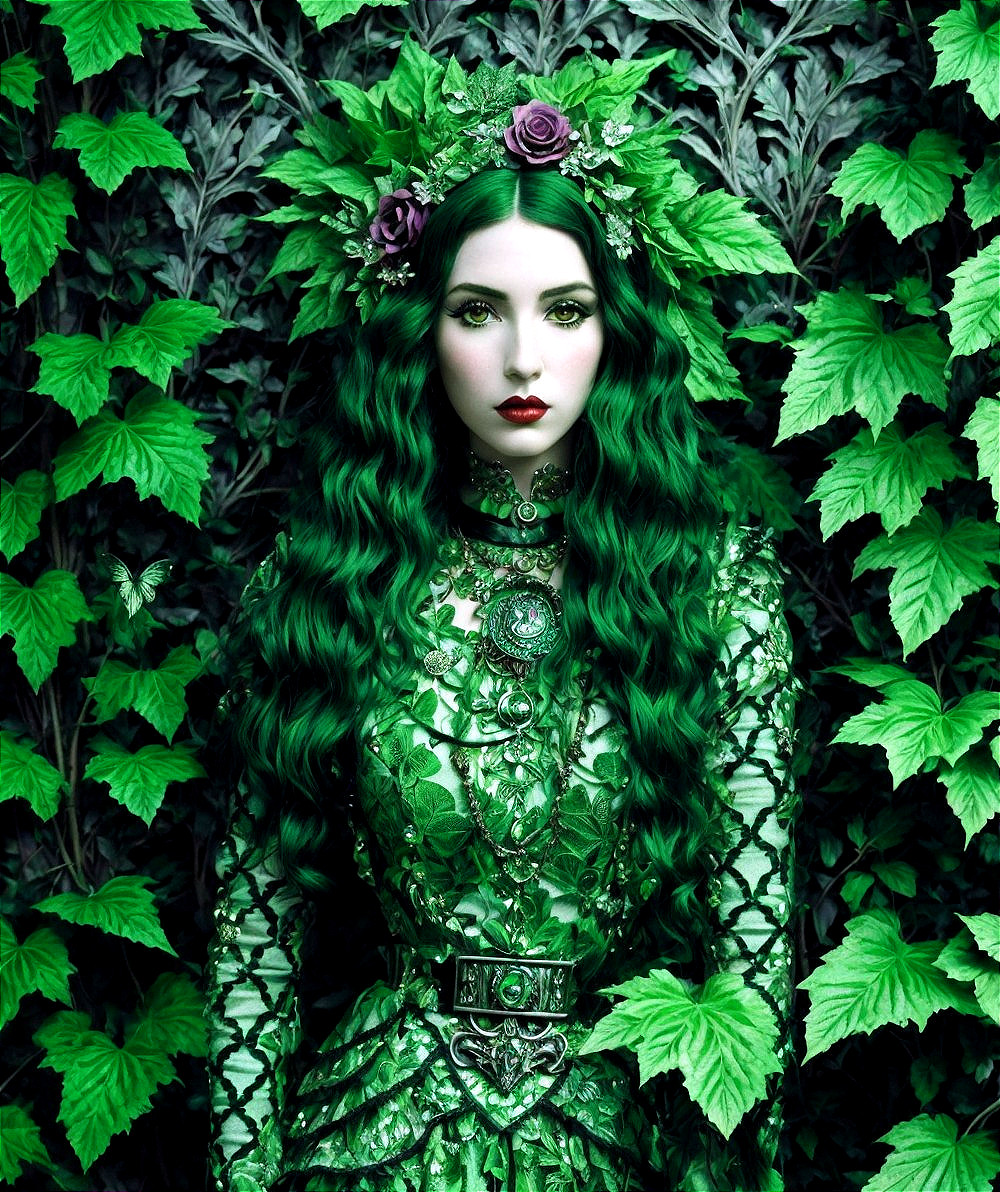 Elaborate Green Attire and Floral Headpiece Against Lush Foliage