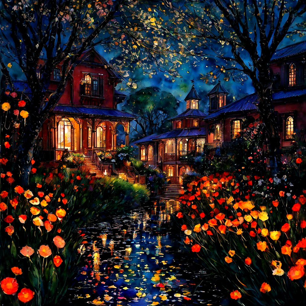 Impressionistic Night Scene with Flowers and Canal Lights