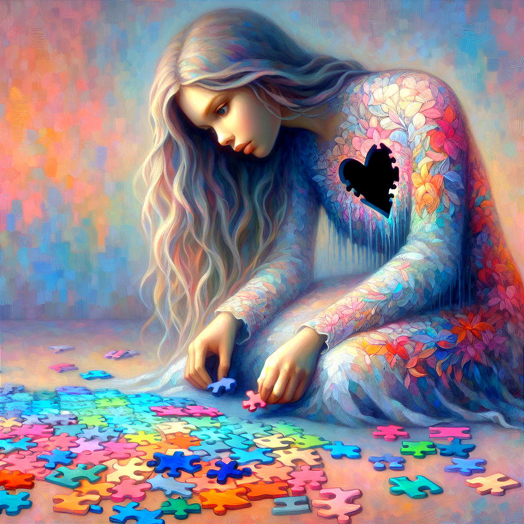 Wistful figure surrounded by colorful puzzle pieces
