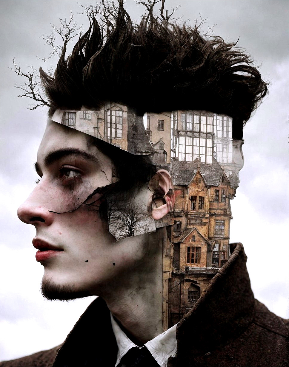 Young man's profile merged with eerie house in creative composite.