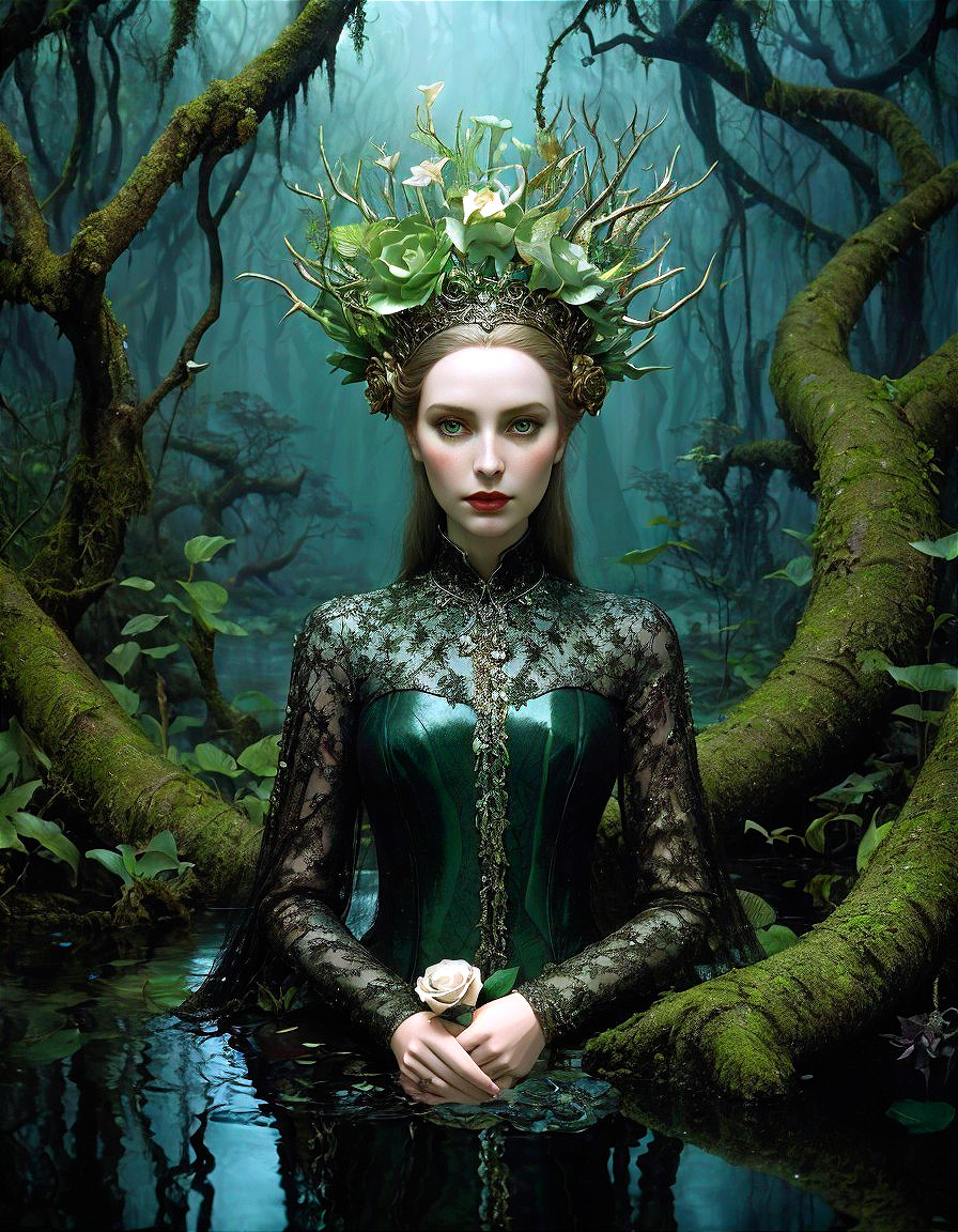 Mystical Figure in Enchanted Forest with White Rose