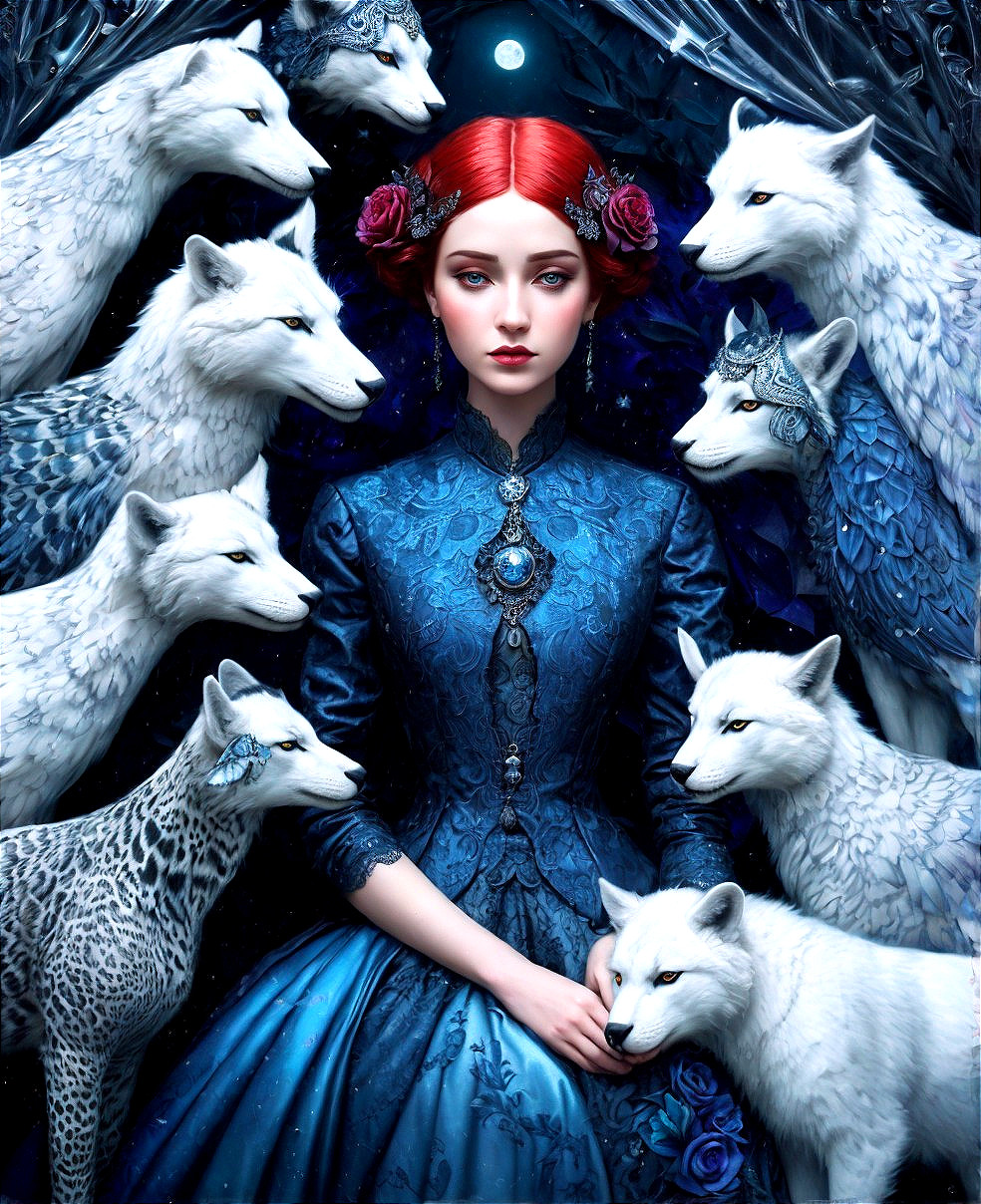 Woman in Blue Dress with White Wolves and Red Hair in Floral Setting