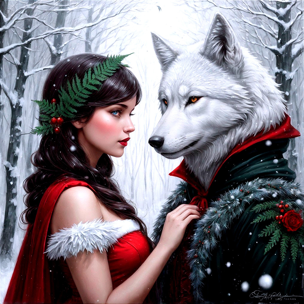 Woman in red cloak with wolf in snowy forest setting