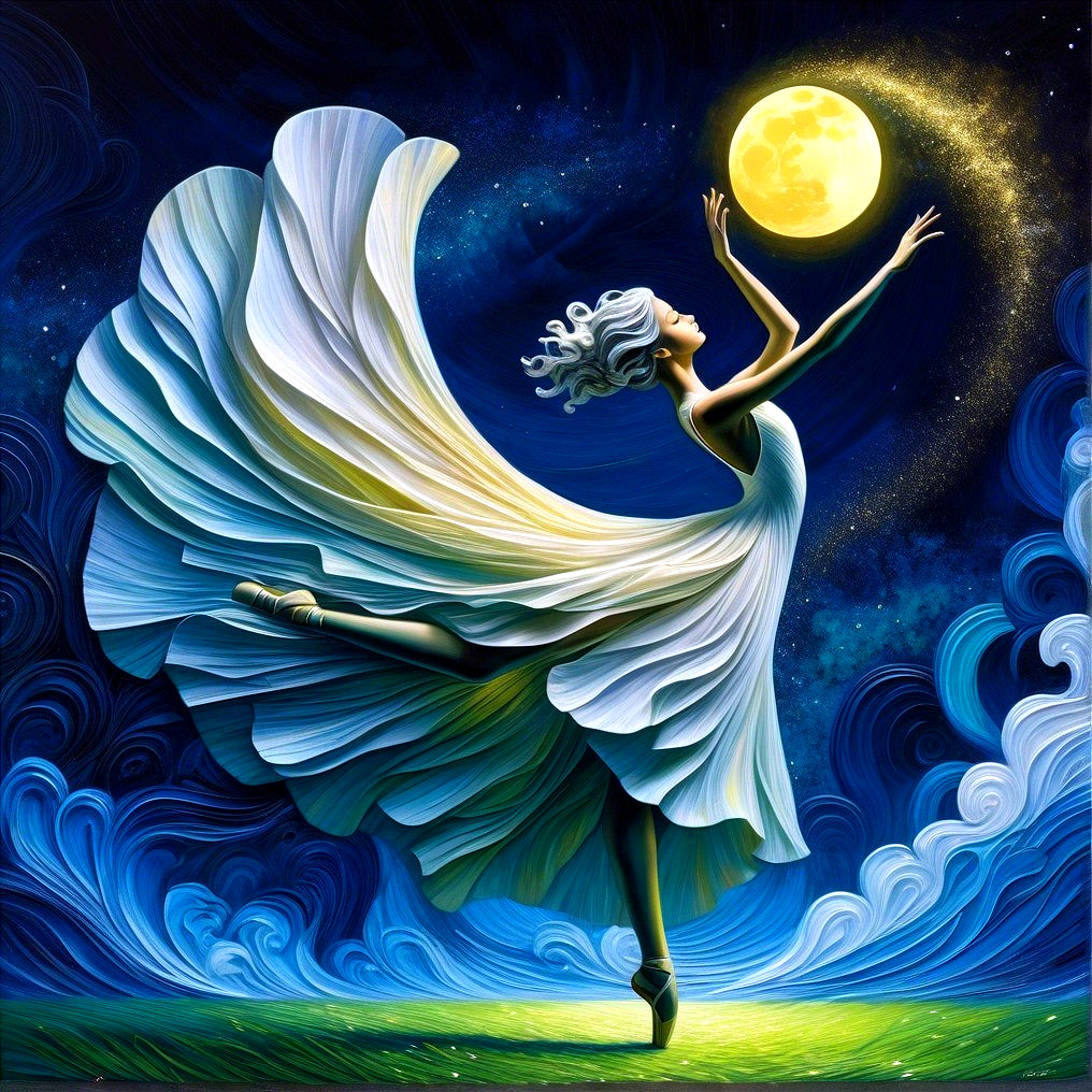 Dancer in White Dress Reaching for Glowing Moon