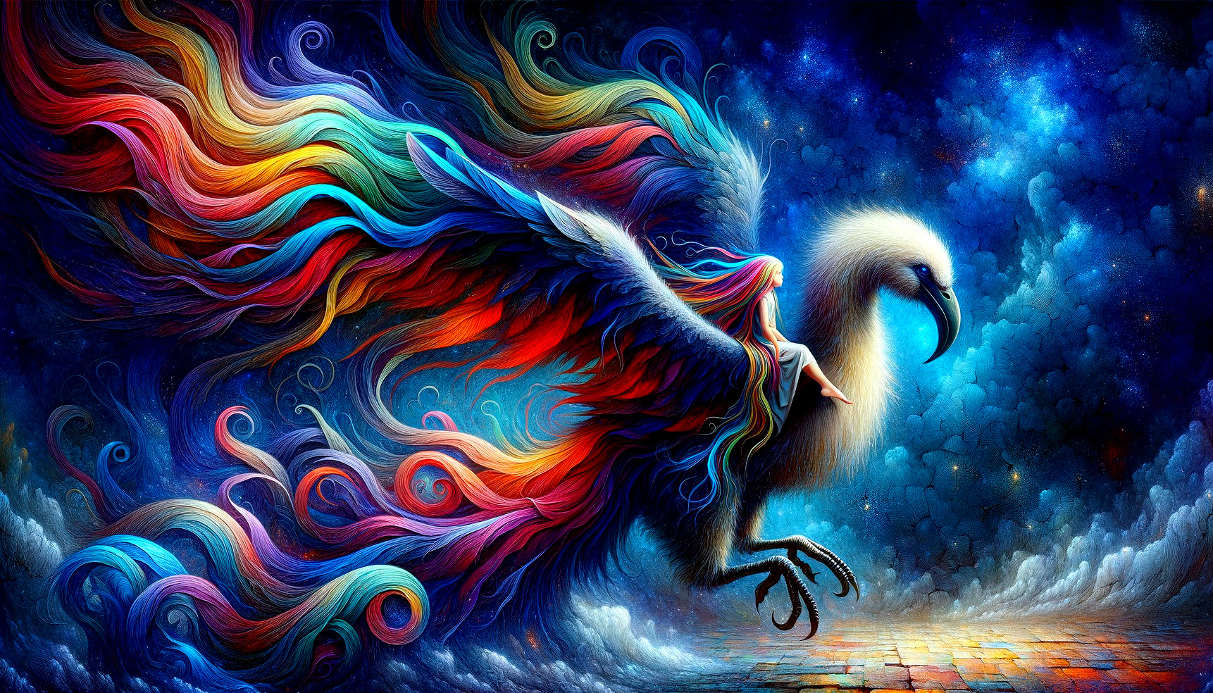 Colorful Stylized Bird Against Cosmic Background