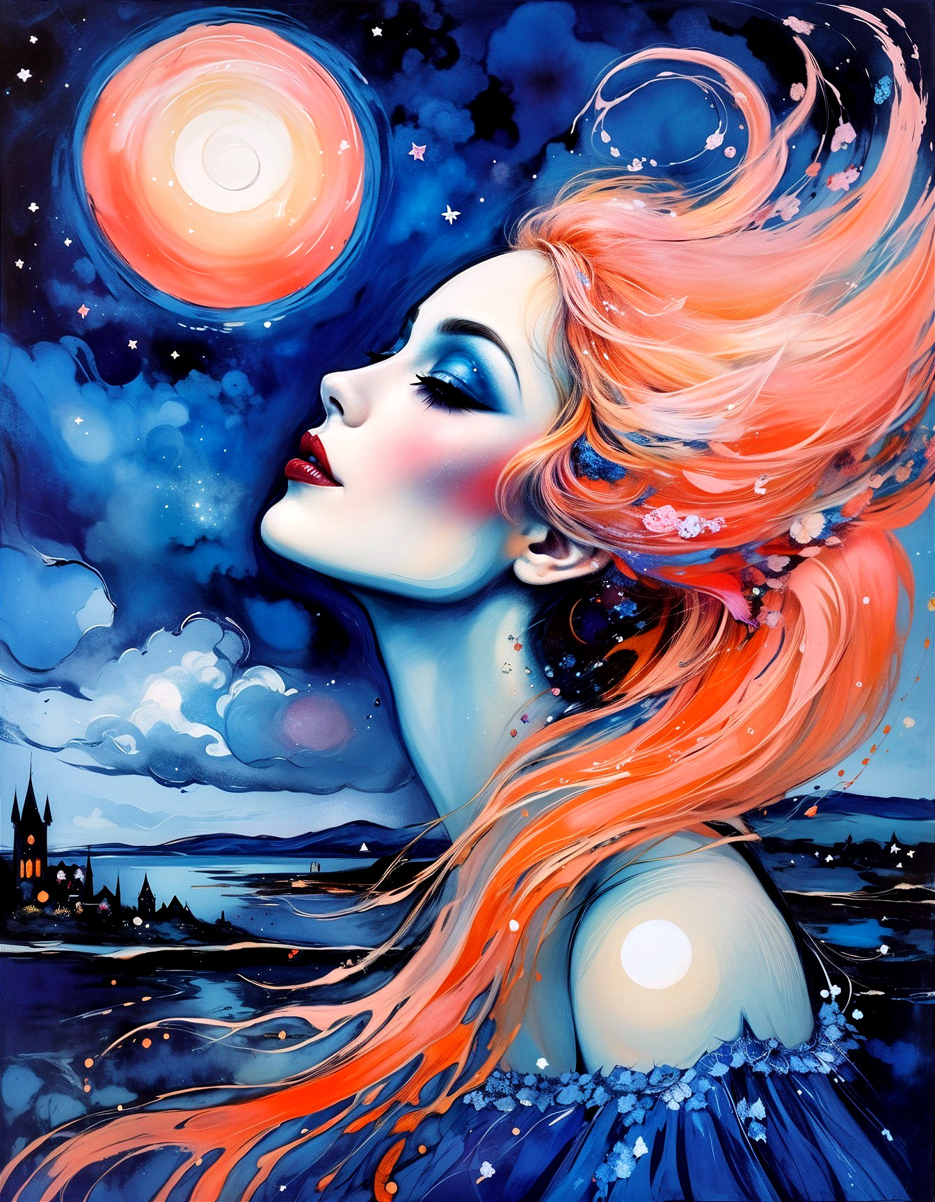 Ethereal Woman with Orange Hair in Dreamy Night Sky