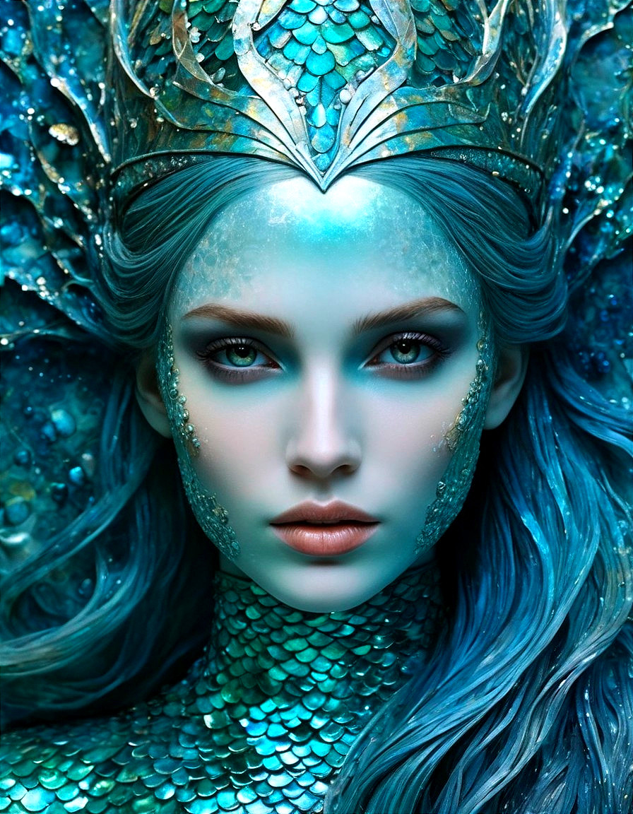 Mermaid queen character with iridescent scales and crown