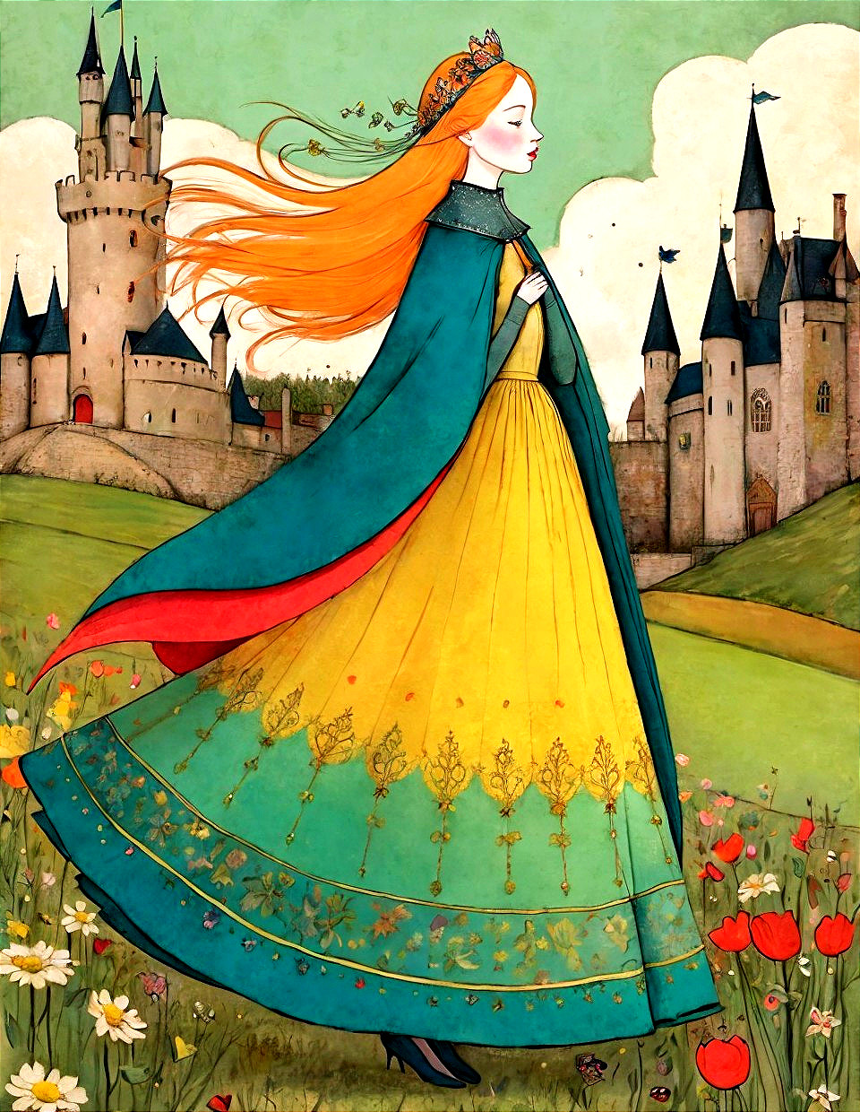 Graceful woman in crown and yellow dress near castle in nature