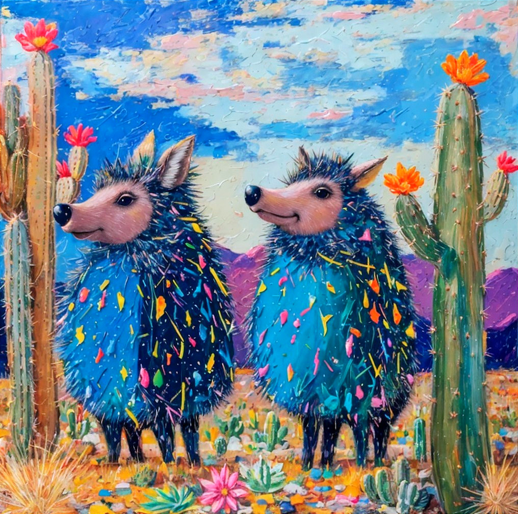 Whimsical Hedgehogs in Vibrant Desert Landscape