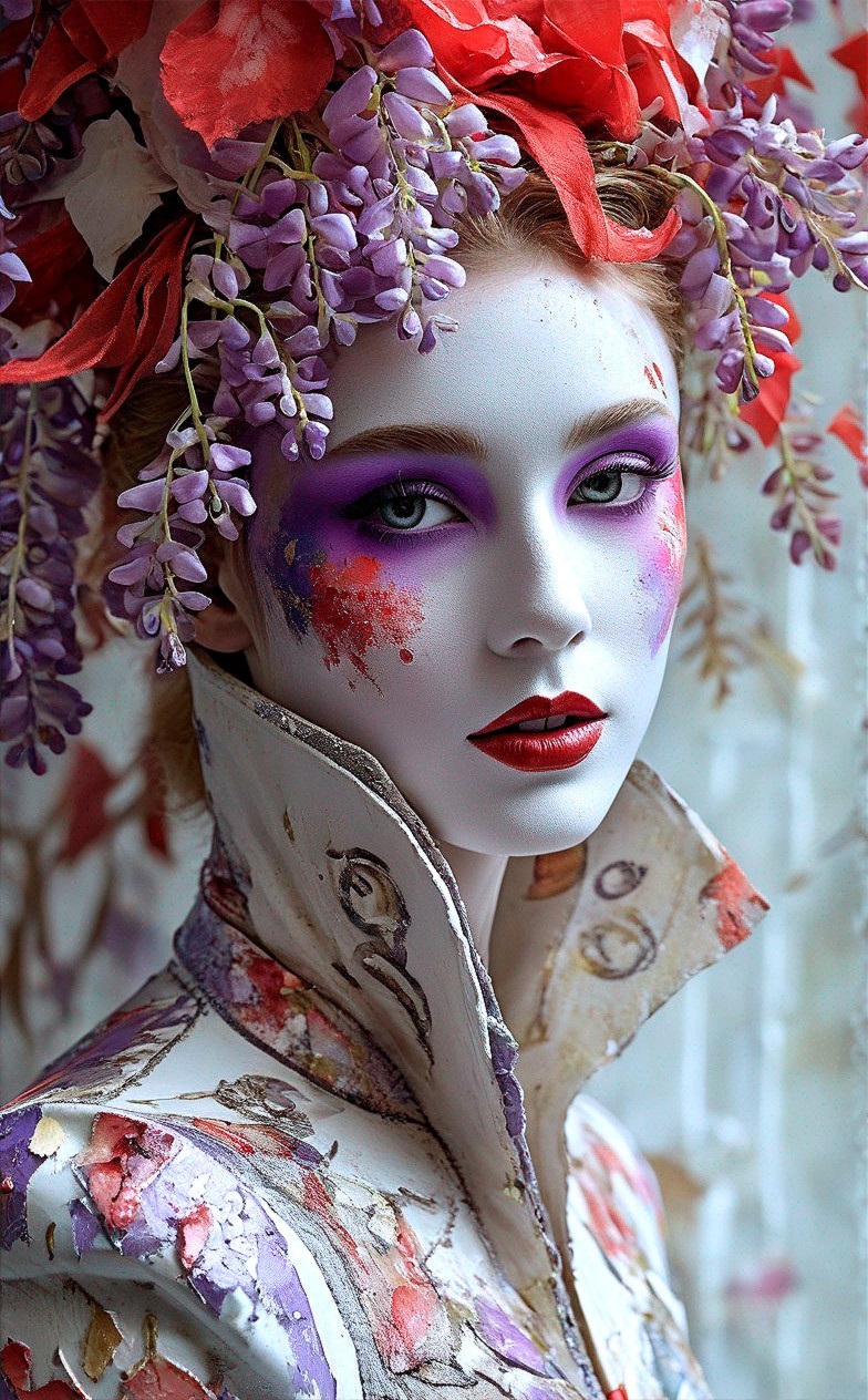 Person with vivid makeup and floral headpiece in vintage-style outfit.