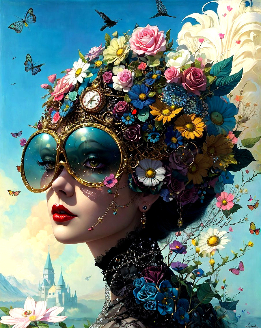 Surreal portrait of woman with floral and mechanical headdress and butterflies in fantasy landscape