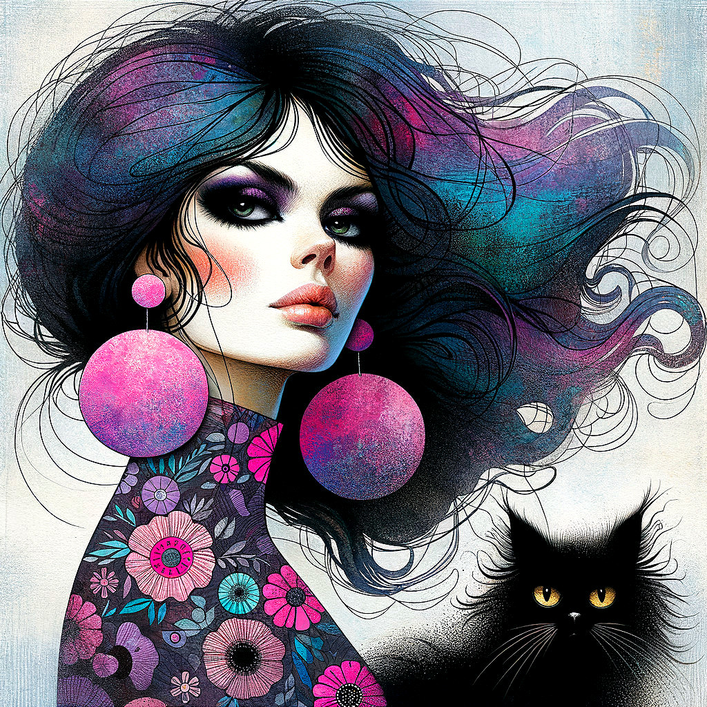 Vibrant illustration of a stylish woman and black cat
