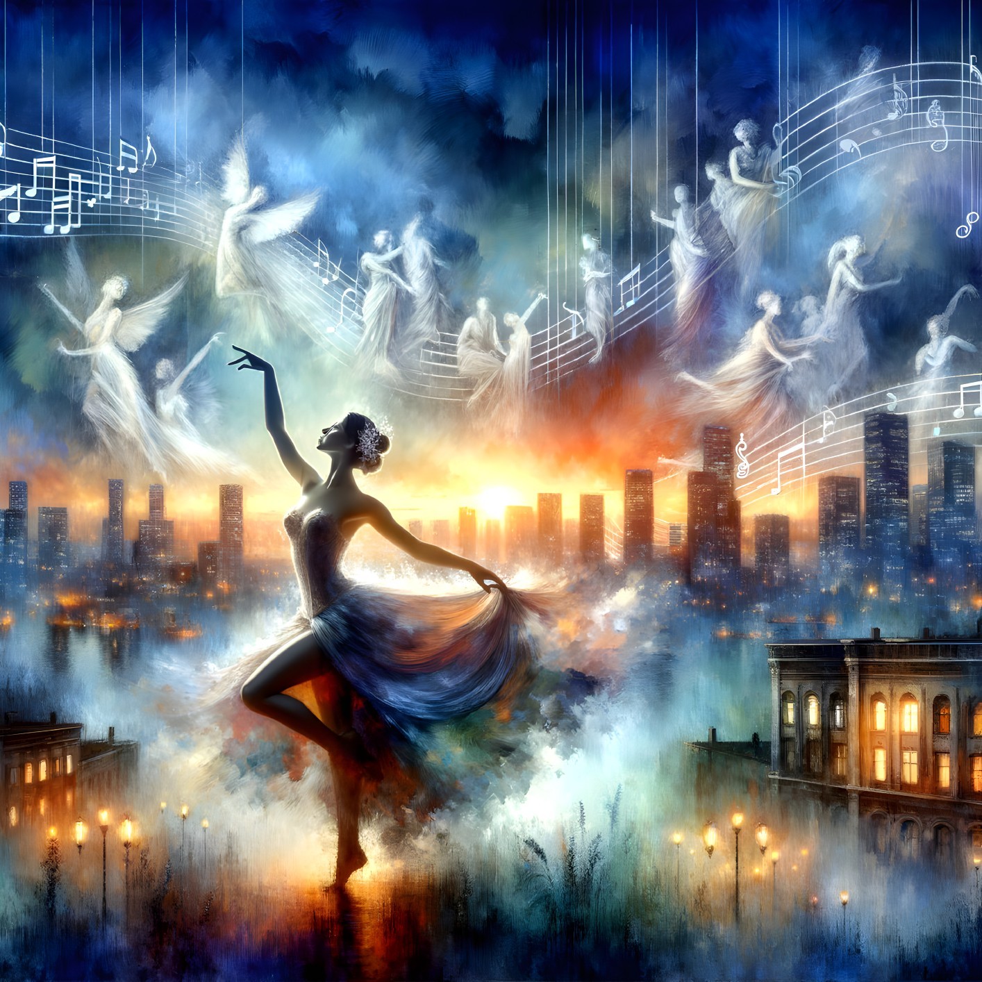 Surreal artwork featuring ballerina in colorful cityscape with ethereal dancers and musical notes.