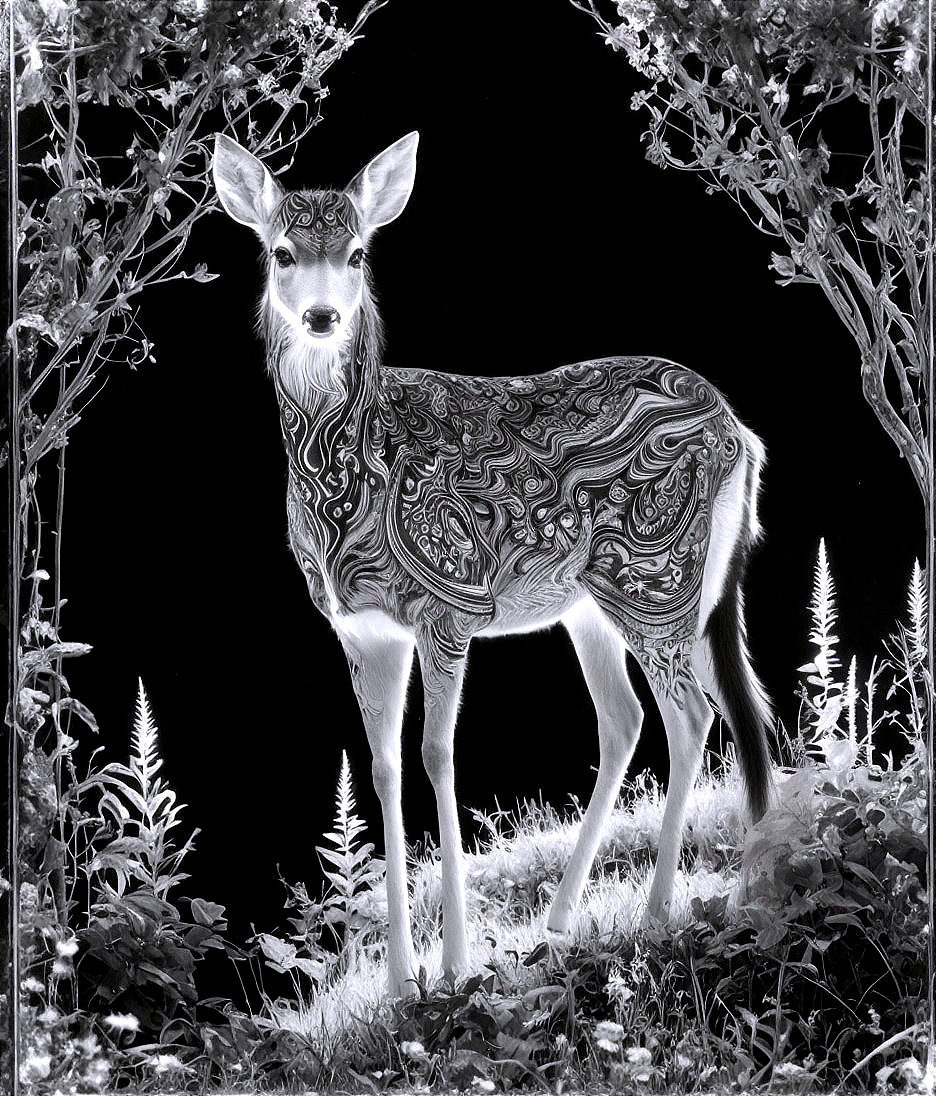 Monochrome deer with intricate patterns in natural setting