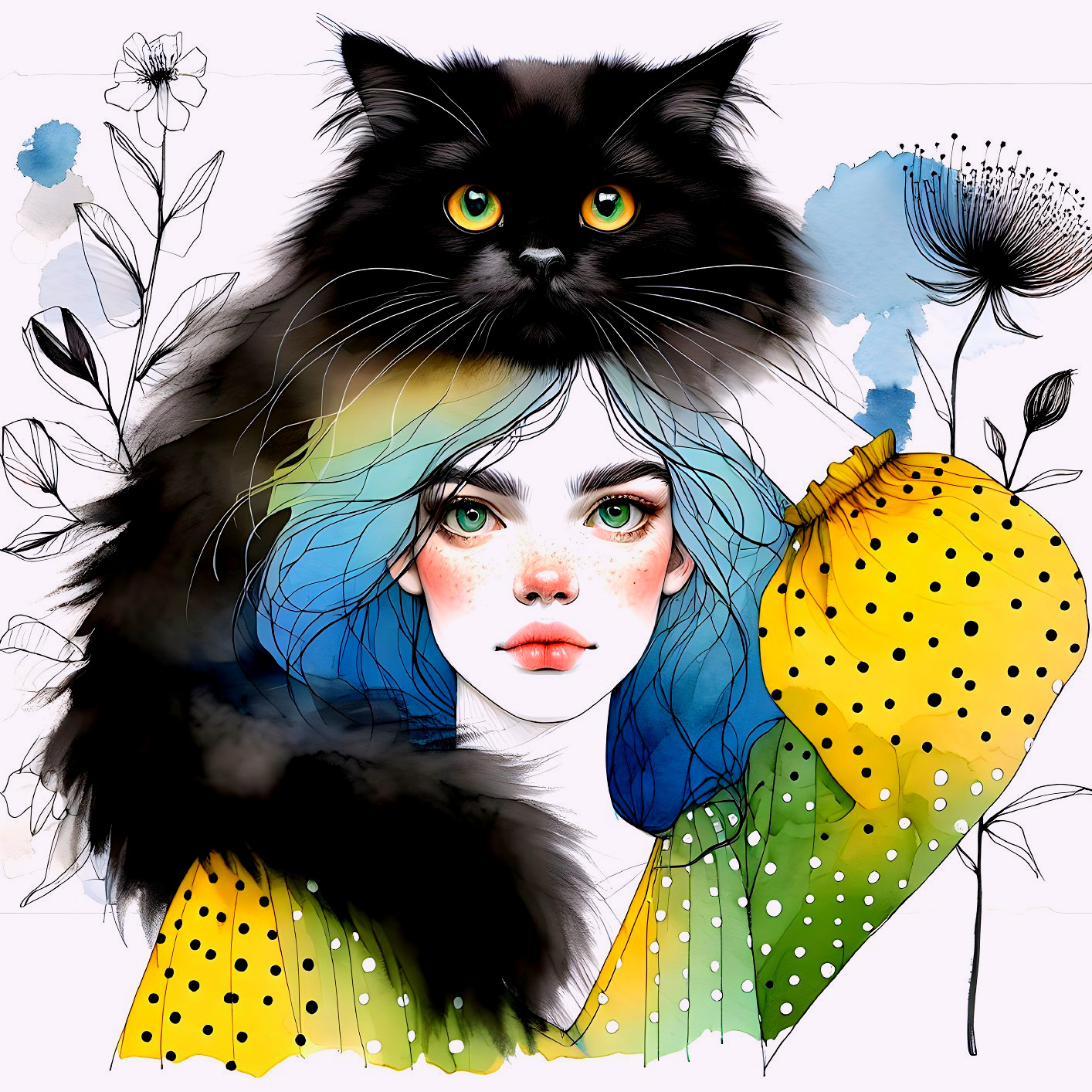 Whimsical Illustration of Girl with Blue Hair and Cat