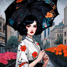 Stylish Woman in Kimono with Floral Umbrella in City