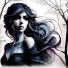 Illustration of woman with flowing dark hair in misty forest