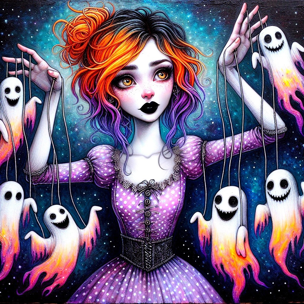 Whimsical Girl with Multicolored Hair in Cosmic Scene