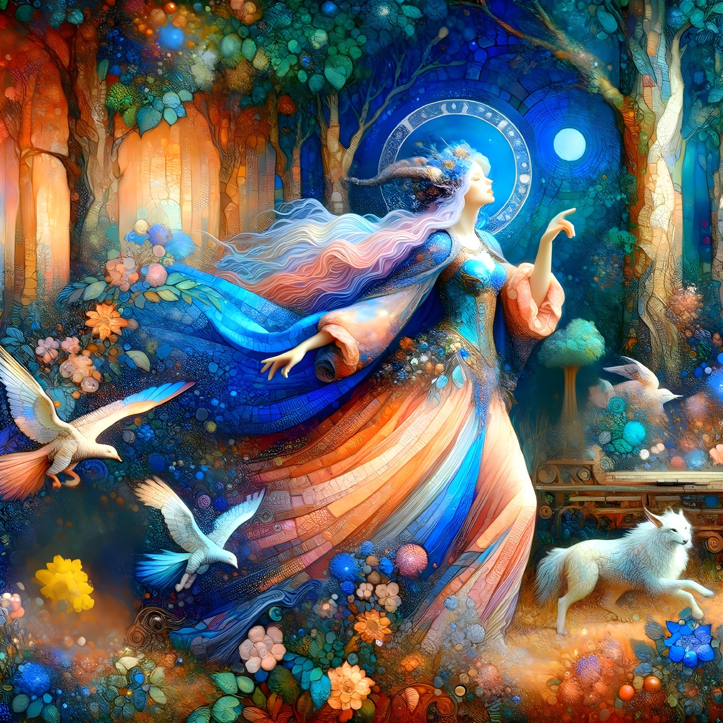 Serene Woman in Vibrant Robes in Mystical Forest