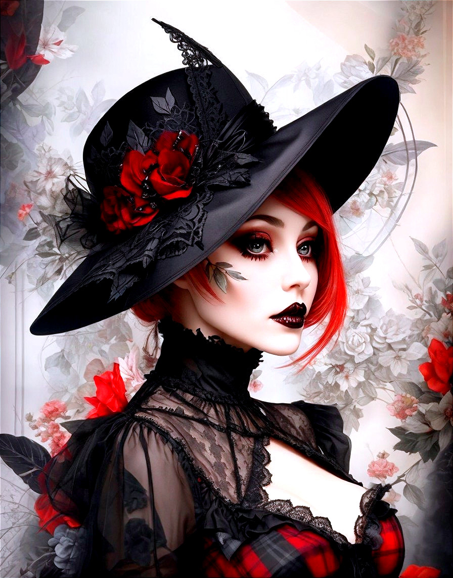 Woman with Red Hair in Gothic Hat Against Floral Background