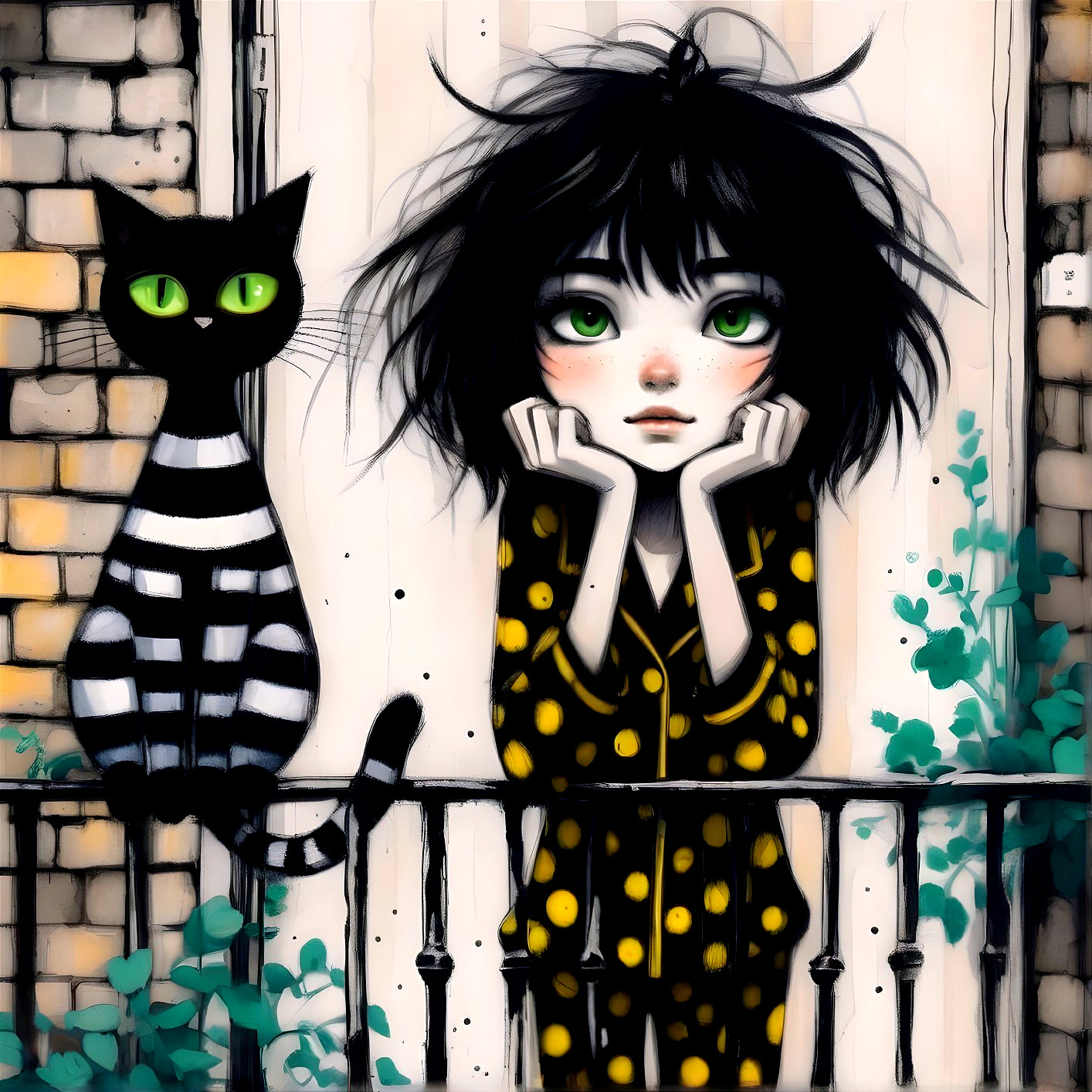 Young girl and cat on balcony in urban setting