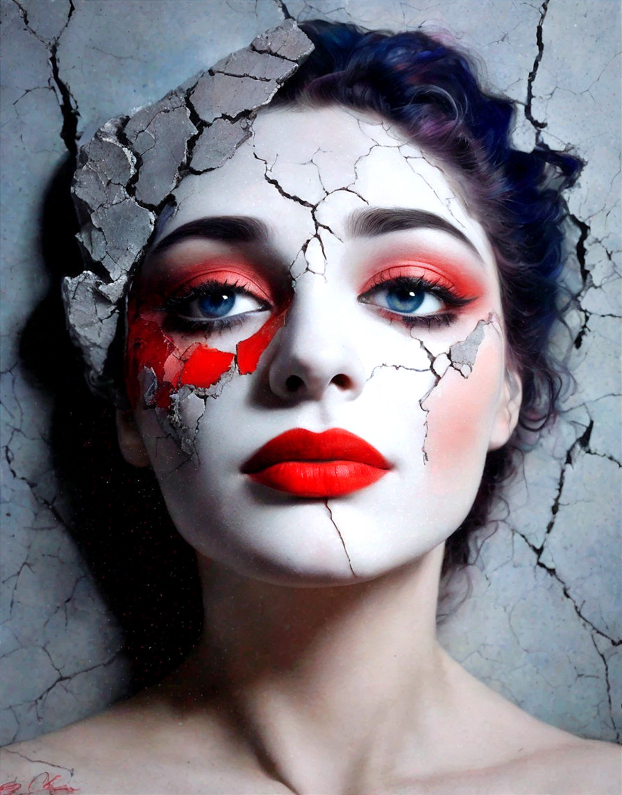 Woman with Makeup Resembling Broken Porcelain Doll
