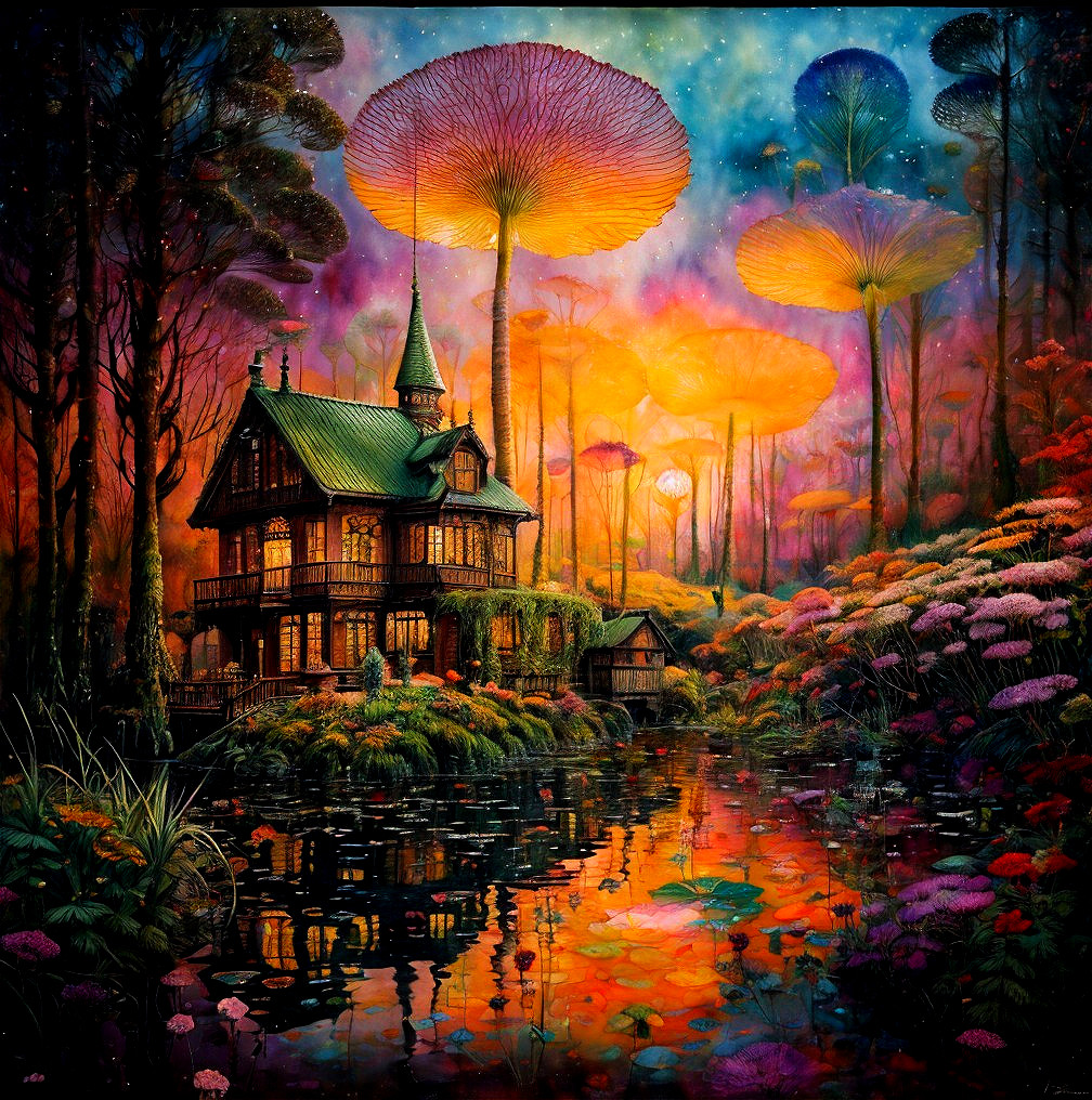 Quaint House by Pond with Luminous Mushrooms and Sky